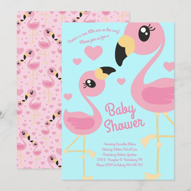 Cute Flamingo Baby Shower Tropical Beach Pink Girl Invitation (Front/Back)