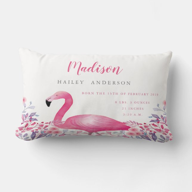 Cute Flamingo Birth Announcement Nursery Pillow (Front)