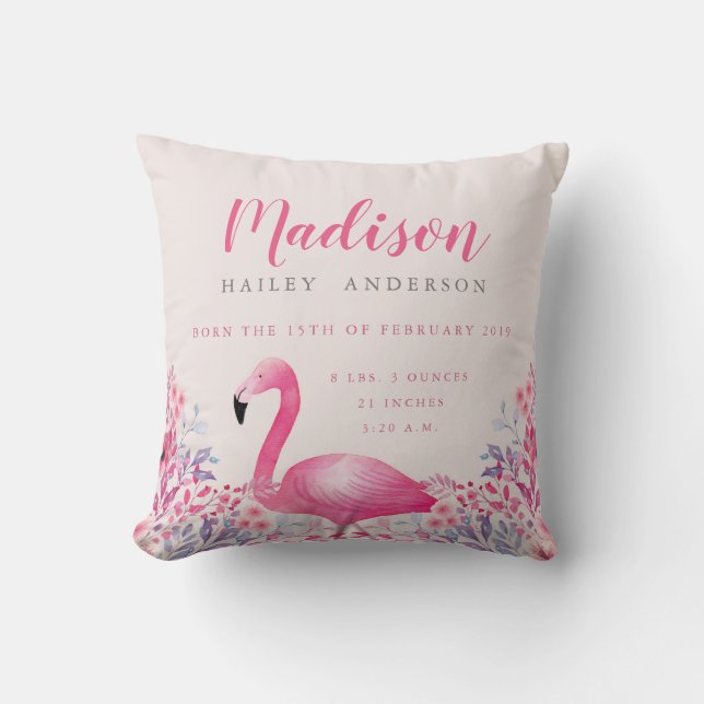Cute Flamingo Birth Announcement Nursery Pillow (Front)