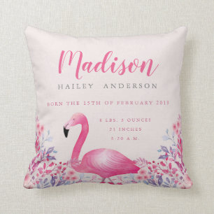 Cute Flamingo Birth Announcement Nursery Pillow