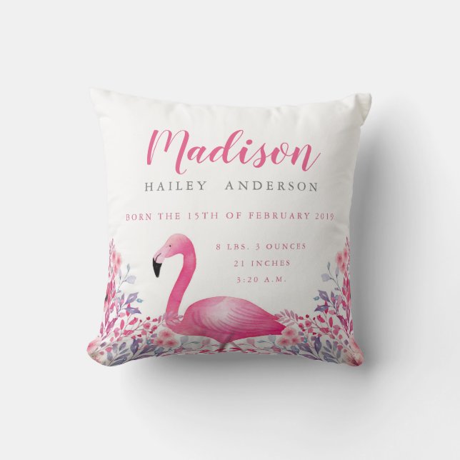 Cute Flamingo Birth Announcement Nursery Pillow (Front)