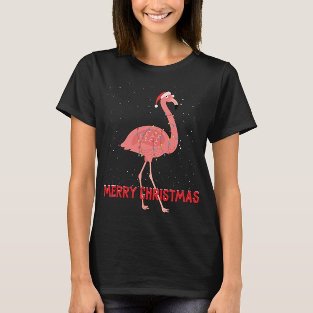 Cute flamingo Christmas Tree Lights T-Shirt (Front)
