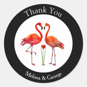 Cute Flamingo Couple Thank You on Black & White Classic Round Sticker