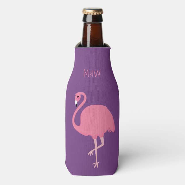 Cute Flamingo custom monogram bottle cooler (Bottle Front)