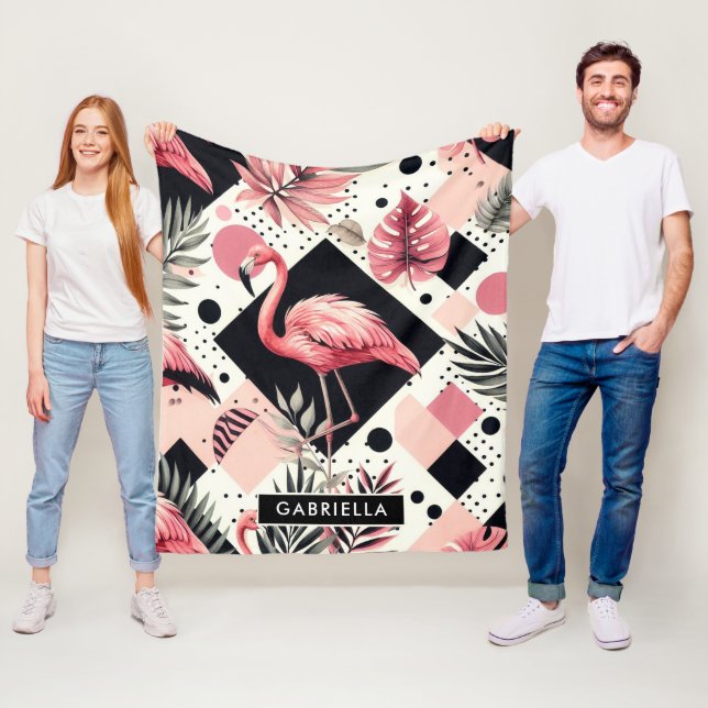 Cute Flamingo Geometric Fleece Blanket (In Situ)