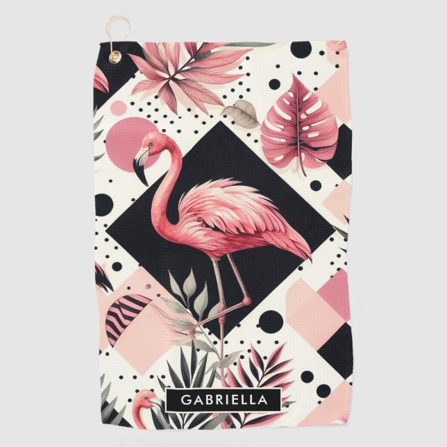 Cute Flamingo Geometric Golf Towel (Front)