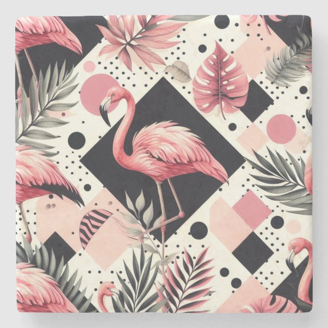 Cute Flamingo Geometric Stone Coaster (Front)