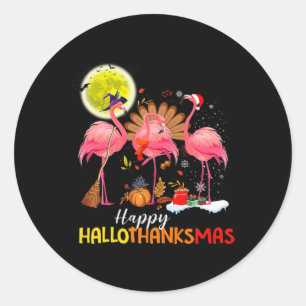 Cute Flamingo HalloThanksmas Happy Halloween Thank Classic Round Sticker