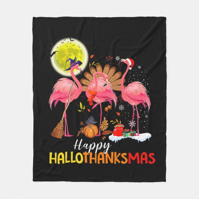 Cute Flamingo HalloThanksmas Happy Halloween Thank Fleece Blanket (Front)