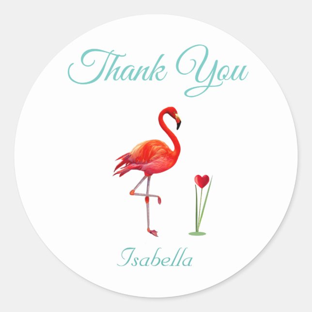 Cute Flamingo & Heart Thank You Classic Round Sticker (Front)