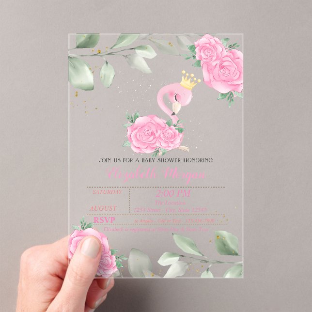 Cute Flamingo, Leaves, Floral Baby Shower Acrylic Invitations (Insitu (Handheld))