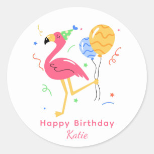 Cute Flamingo Modern Happy Birthday Script Classic Round Sticker