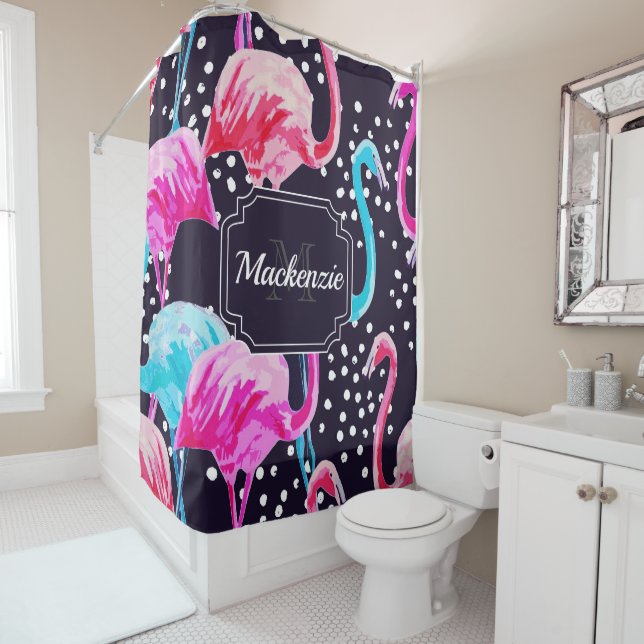 Cute Flamingo Pattern Shower Curtain (In Situ)