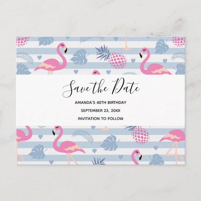 Cute Flamingo & Pineapple Pattern Save the Date Invitation Postcard (Front)