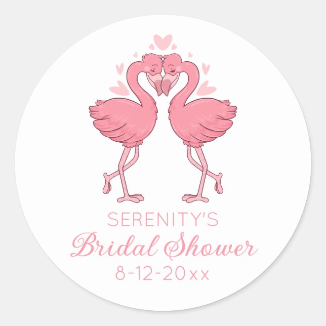 Cute Flamingo Pink Tropical Beach Bridal Shower Classic Round Sticker (Front)
