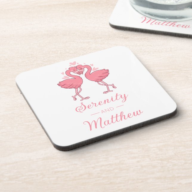 Cute Flamingo Pink Tropical Beach Wedding Coaster (Left Side)