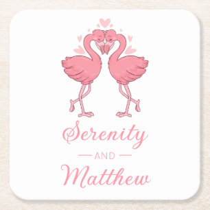 Cute Flamingo Pink Tropical Beach Wedding Square Paper Coaster