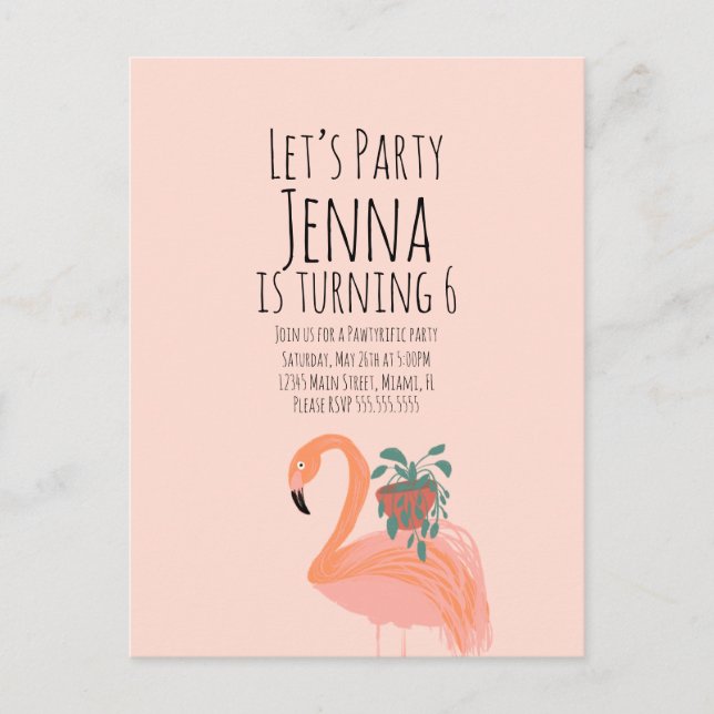 Cute Flamingo Plant Birthday  Party Pink  Postcard (Front)