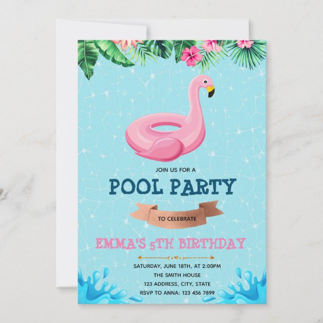 Cute flamingo pool birthday invitation (Front)