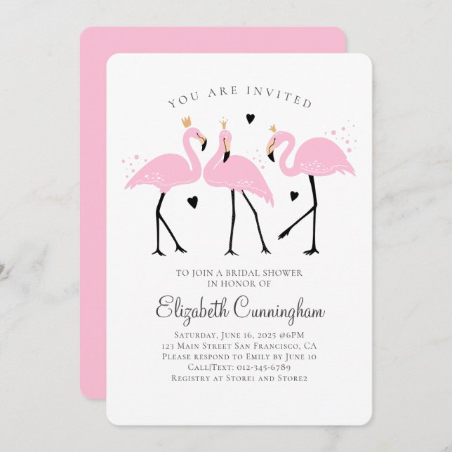 Cute Flamingo Princess Bridal Shower Invitation (Front/Back)