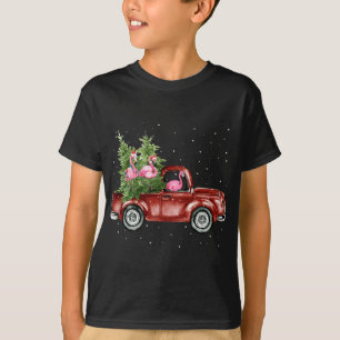 Cute Flamingo Ride Wagon Red Truck Xmas Tree Funny T-Shirt