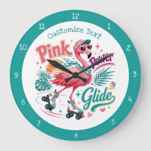 Cute Flamingo Roller Skating Girls Room Decor Large Clock