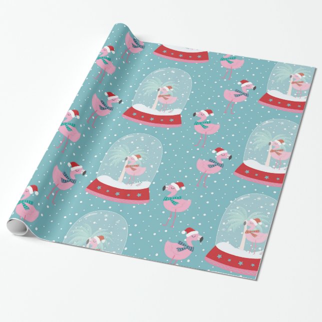 Cute flamingo snow globes wrapping paper (Unrolled)