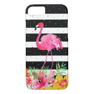 Cute Flamingo Tropical Flowers & Black Stripes iPhone 8/7 Case