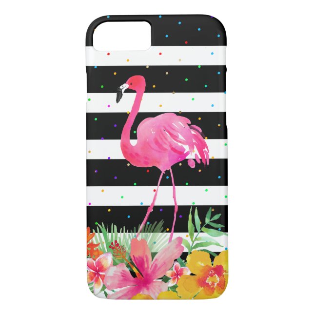 Cute Flamingo Tropical Flowers & Black Stripes Case-Mate iPhone Case (Back)
