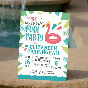 Cute Flamingo Tropical  Pool Party Birthday Invitation