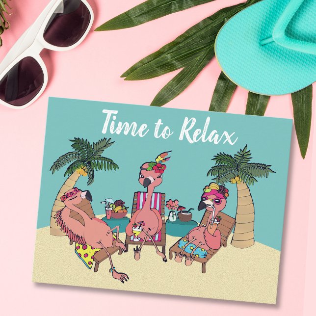 Cute Flamingo Tropical Vacation | Time to Relax Postcard (Creator Uploaded)