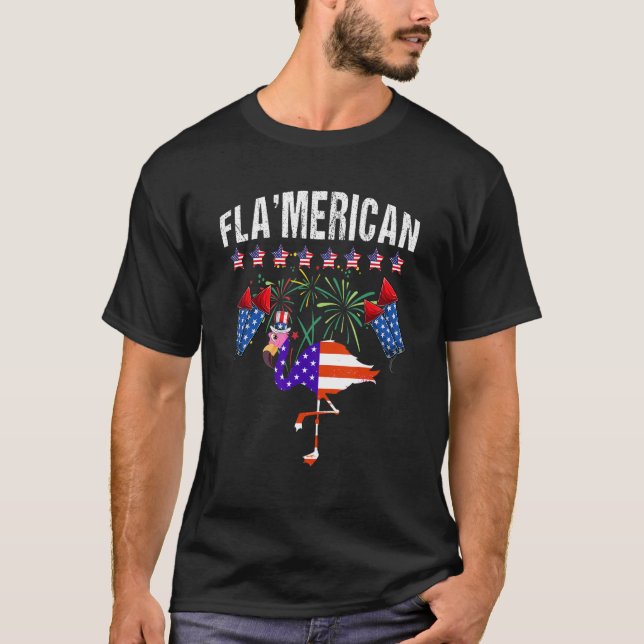 Cute Flamingo US Flag 4th Of July Flamerican Firew T-Shirt (Front)
