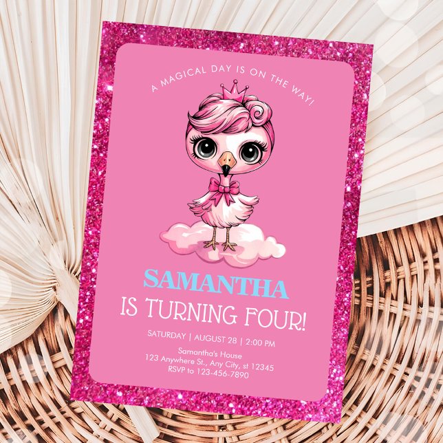 Cute flamingo with crown birthday invitation (Creator Uploaded)