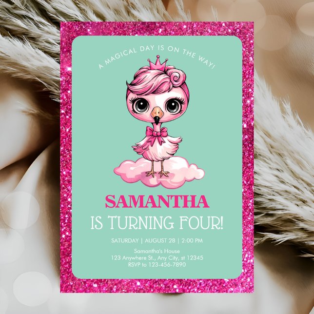 Cute flamingo with crown birthday invitation (Creator Uploaded)