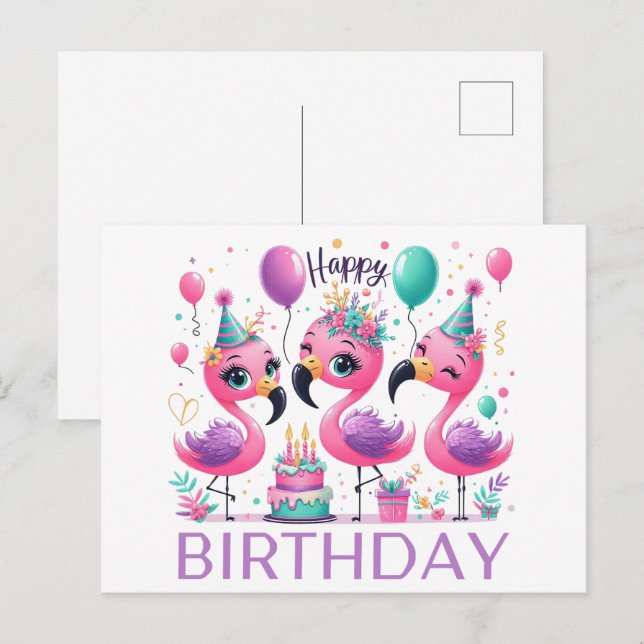 Cute flamingoes happy birthday postcards (Front/Back)