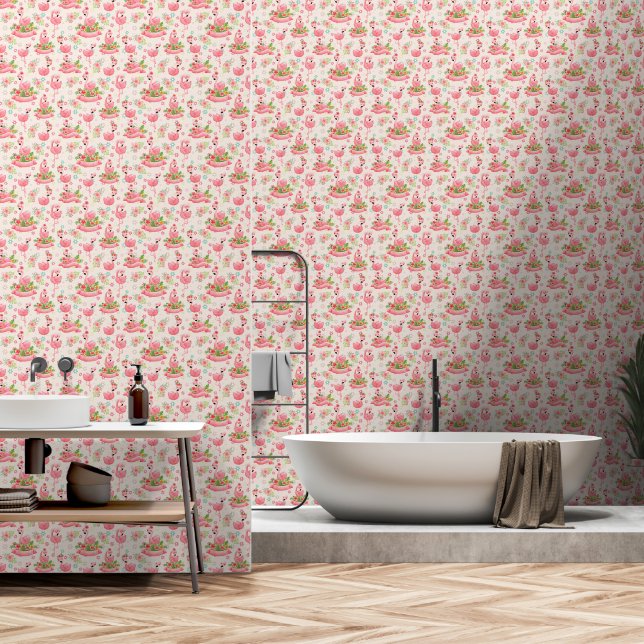 Cute flamingos and tropical flowers wallpaper (Bathroom)