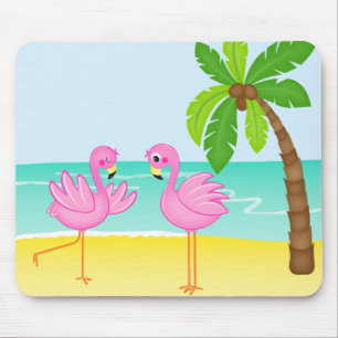 Cute Flamingos Beach Scene with Palm Tree Mouse Mat