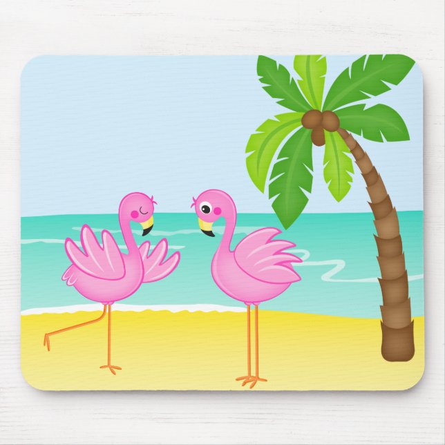 Cute Flamingos Beach Scene with Palm Tree Mouse Mat (Front)