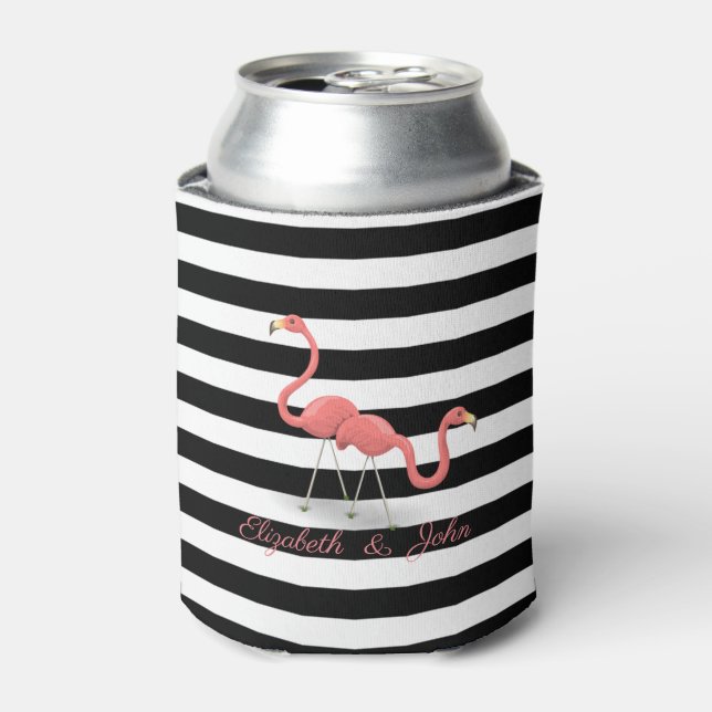 Cute  Flamingos ,Black White Stripes,Personalised Can Cooler (Can Front)