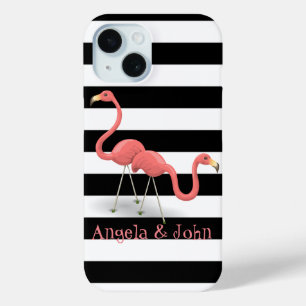 Cute Flamingos, Black, White Stripes Personalised iPhone 15 Case