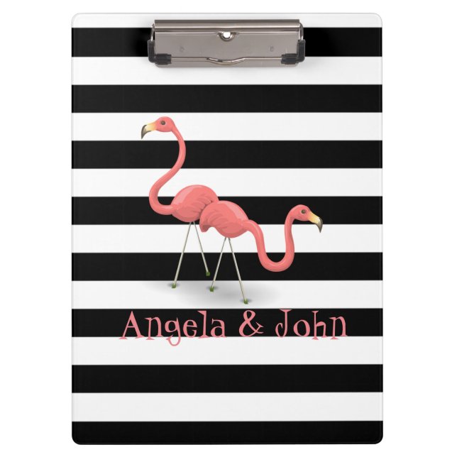 Cute Flamingos, Black, White Stripes Personalised Clipboard (Front)
