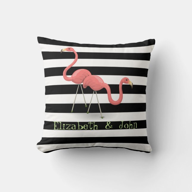Cute Flamingos, Black, White Stripes Personalised Cushion (Front)
