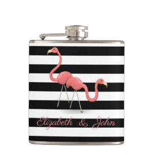 Cute Flamingos ,Black White Stripes,Personalised Hip Flask