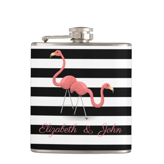 Cute  Flamingos ,Black White Stripes,Personalised Hip Flask (Front)