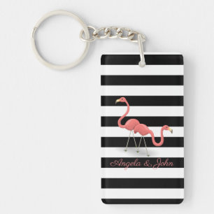 Cute Flamingos, Black, White Stripes Personalised Key Ring