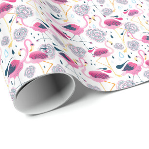 Cute Flamingos & Flowers Illustration Pattern Wrapping Paper