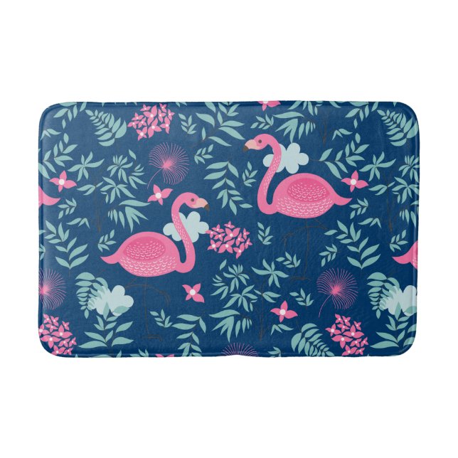Cute Flamingos & Flowers On Navy Blue Background Bath Mat (Front)