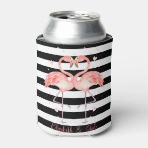 Cute Flamingos In Love,Black White Stripes    Can Cooler