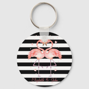 Cute Flamingos In Love ,Black White Stripes   Key Ring