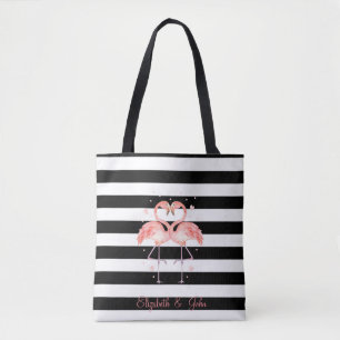 Cute Flamingos In Love,Black White Stripes Tote Bag